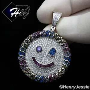 Authentic MEN 925 STERLING SILVER ICY BLING CZ GOLD PLATED/SILVER HAPPY FACE PENDANT*SP266