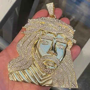 Authentic 14K Gold Plated Huge Jumbo Jesus Face Hip Hop Pendant Iced Eyebrows CZ Bling Out
