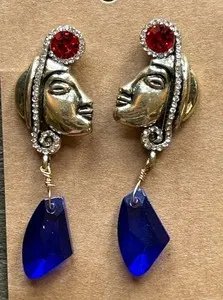Authentic Beautiful Gold Plated Face Earrings With Dangling Blue Crystal