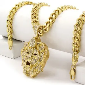Authentic Hip Hop 14k Gold Plated Lion Face Pendant Cubic-Zirconia 30" Cuban Chain