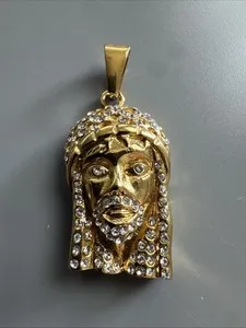 Authentic Jesus Christ Head Face Pendant Gold Plated Cubic Zirconia 24”