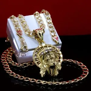Authentic Risen Jesus Face Halo 14k Gold Plated Charm Pendant 20" Cuban Choker Chain 212