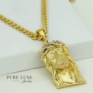 Authentic Men's 24" JESUS Face Cubic Zirconia,Gold plated Cuban Chain*Box