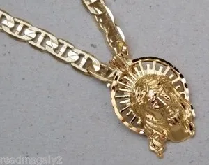 Authentic Men's Yellow Gold Plated Jesus Face Charm & 24in Long 10mm Mariner Chain Set
