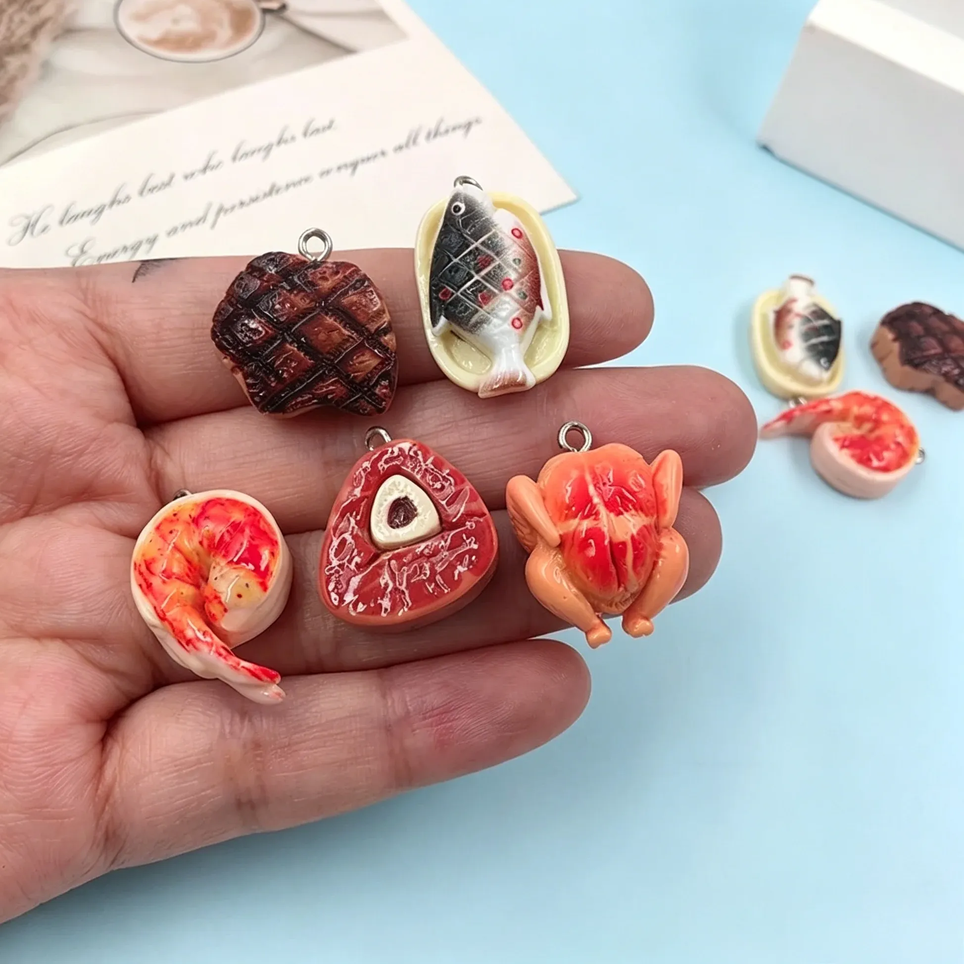 Authentic 10Pcs Kawaii Meat Themed Resin Pendants Tiny Roast Chicken Steak Food Charms Handmade Jewelry Craft Supplies