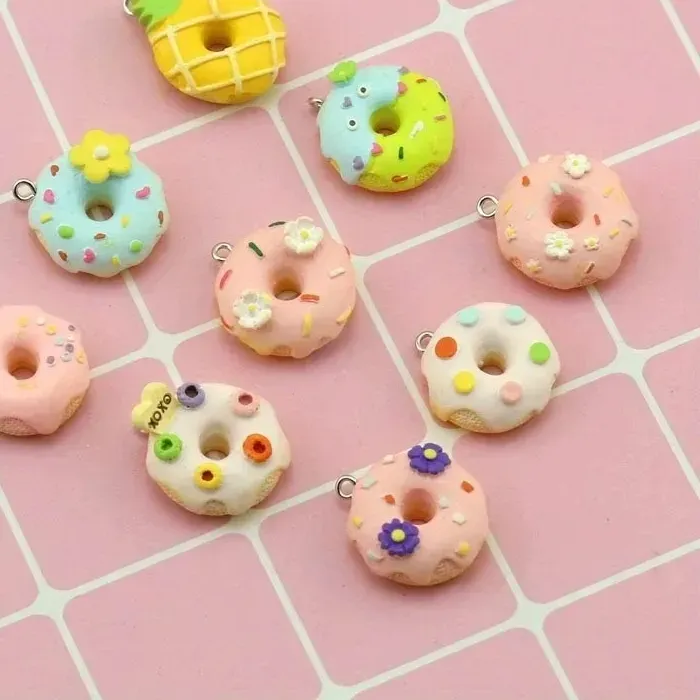 Authentic 10Pcs Kawaii 3D Donut Resin Pendants Colorful Mini Snack Charms Supplies For Bracelet Earring Jewelry Crafts