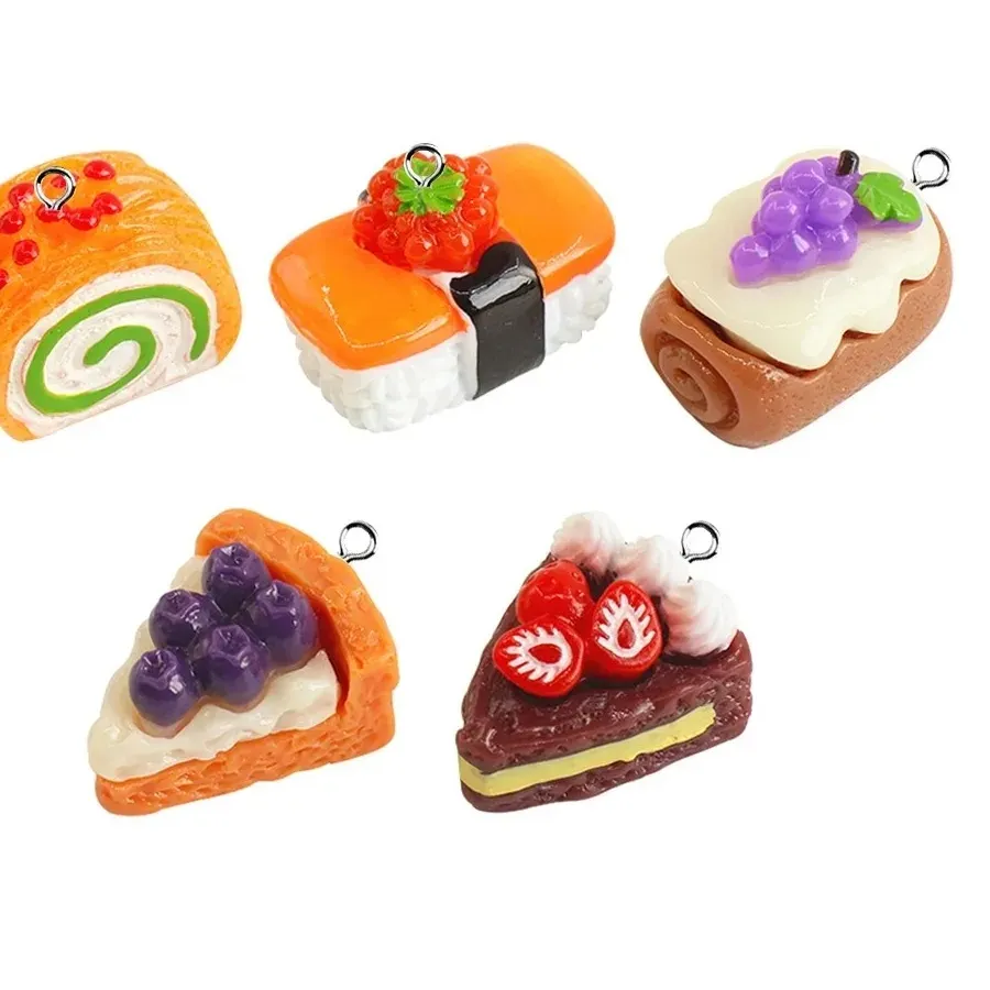 Authentic 10Pcs Mini Simulation Sushi Cake Resin Charms Kawaii Food Pendants DIY Jewelry Supplies For Earrings Keychain Making
