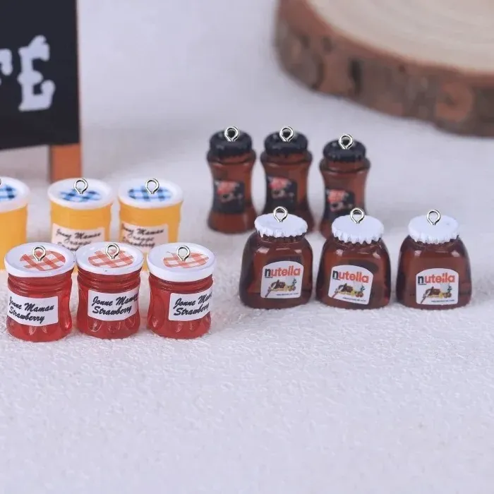 Authentic 10Pcs Kawaii Mini 3D Bottle Resin Charms Cute Strawberry Chocolate Coffee Jam Pendants For DIY Earrings Keychains Jewelry Making