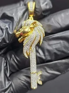 Authentic 2.30Ct Round Cut Real Moissanite Custom Lion Key Pendant 14K Yellow Gold Plated