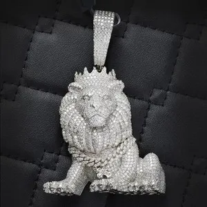 Authentic Lion 2.55Ct Round Cut Moissanite Charm Pendant for Men's 14k White Gold Plated