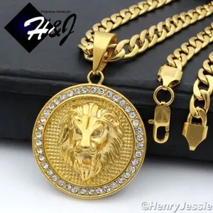 Authentic 24"MEN 6mm Gold Plated Cuban Chain CZ Lion Round Pendant*GP109