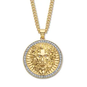 Authentic 1.02 Cttw. White Cubic Zirconia Lion Head Pendant 14k Gold-Plated 24" Chain