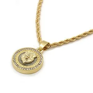 Authentic 14k Gold Plated Hip Hop Mini Round Lion Pendant 24" Rope Chain Cubic Zirconia