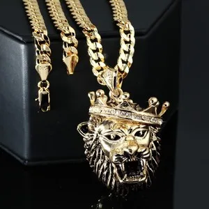 Authentic 14K Cuban Chain & Lion Crowned Pendant Gold Plated Iced Cubic Zirconia 24"-30"In