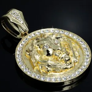 Authentic Lion Round Pendant Iced Eye Cubic Zirconia 4mm Rope Chain 14k Gold Plated Men CQ