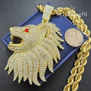 Authentic LARGE LION HEAD HIP HOP ICED GOLD PLATED CZ PENDANT 8mm 24" ROPE CHAIN NECKLACE