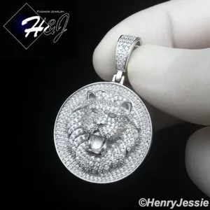 Authentic MEN 925 STERLING SILVER ICY CZ GOLD PLATED/SILVER LION HEAD ROUND PENDANT*SP479