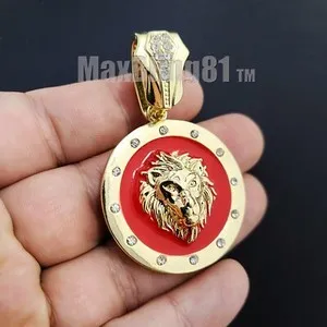 Authentic Gold Plated Lion Medal Pendant & 16" 18" 20" Iced Cubic Zirconia Chain Necklace