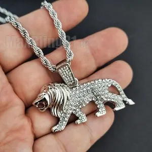 Authentic Gold Plated Cubic Zirconia LION Charm 4mm 24" Rope Chain Hip Hop 2 Necklace Set