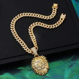 Authentic Gold Plated Lion Head CZ Pendant & 20" Iced Cuban Chain Bling Necklace