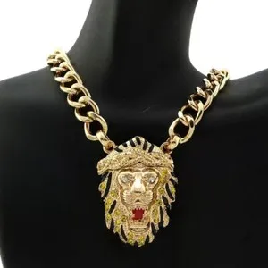 Authentic Gold Plated Lion Head Cubic Zirconia Pendant & 9mm Cuban Chain Hip Hop Necklace