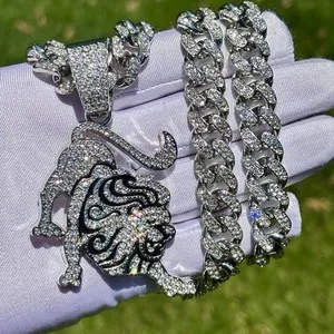 Authentic Lion Pendant / Iced out Cuban Link Chain Necklace White Gold Plated