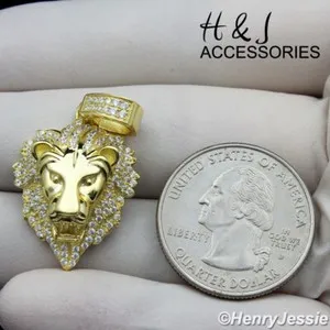 Authentic MEN 925 STERLING SILVER ICY BLING CZ GOLD PLATED LION FACE CHARM PENDANT*AGP185