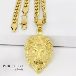 Authentic Men's 24",Lion Head Pendant,Cuban Curb Chain Gold plated,BOX