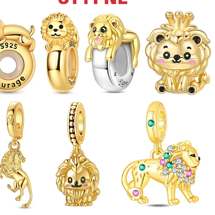 Authentic Golden Animals Beads 925 Sterling Silver Lion Charms Pendants Fit Bracelets Bag Keychain Necklace Animal Jewelry for Women