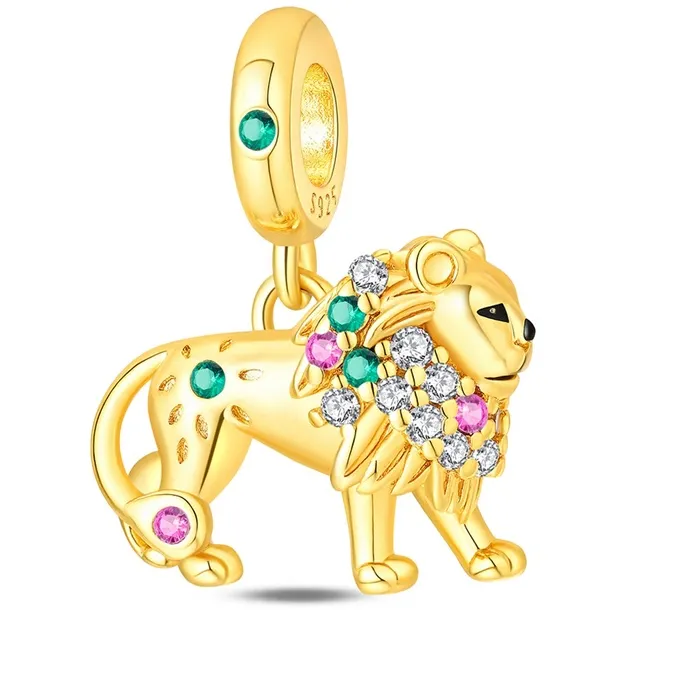 Authentic 925 Sterling Silver Colorful Zirconia Gold Lion Charms Pendant Fit 3mm Original Bracelet DIY Women Birthday Jewelry