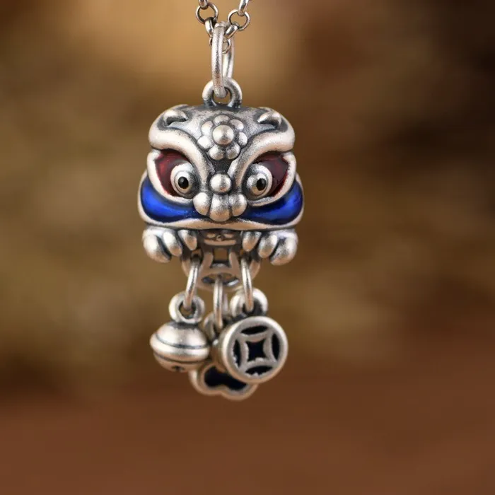 Authentic Blue Cute Small Pendant 925 Silver Lion Dancing Tassel Necklace Chinese Style Coin Design Banquet Couple Jewelry