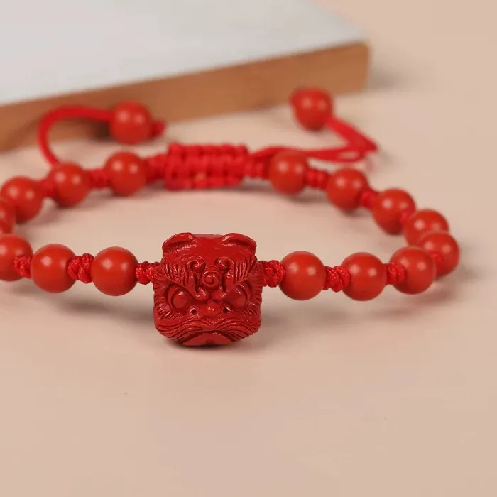 Authentic Genuine Red Cinnabar Lion Dance Bracelet Bead Bangle Natural Stone Jewelry Charm Energy Healing Trendy Accessory