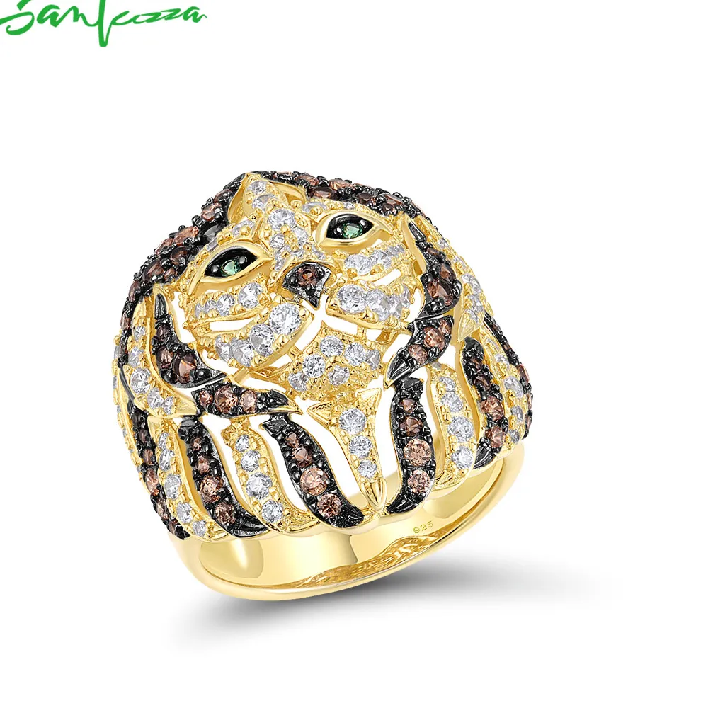 Authentic SANTUZZA Pure 925 Sterling Silver Lion Ring For Women White CZ Nano Brown/ Green Spinel Gold Color Luxury Fine Jewelry