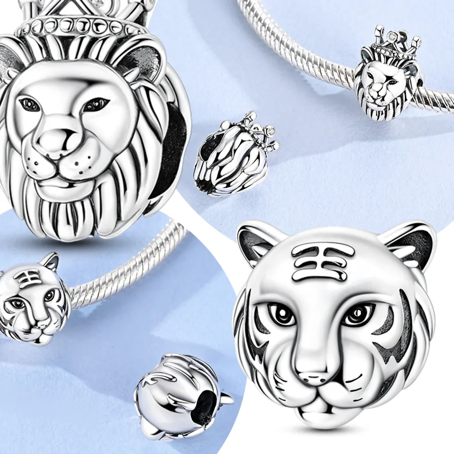 Authentic Animal Crown Original 925 Silver Charms Luxury Beads Fit Bracelet DIY Women Making Delicate Lion Tiger Design Beads