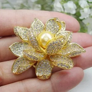 Authentic 3Ct RoundMoissanite Elegant Lotus Flower Brooch Pin Pearl 14K Yellow Gold Plated
