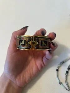 Authentic Michaela Frey Wien Gold Plated Enamel Hinged Bangle Bracelet, Signed