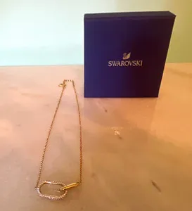 Authentic Swarovski Gold Plated Pavé Crystal Oval Pendant Cable Necklace Adjustable Signed