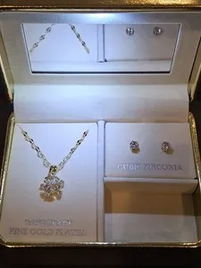 Authentic Danecraft Signed Gold Plated Round CZ White Necklace & Stud Earrings Set