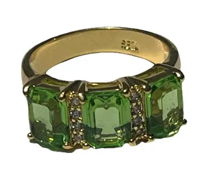Authentic Vintage Signed SETA Gold Plated Crystal & Green Rhinestone Ring Size 8.25