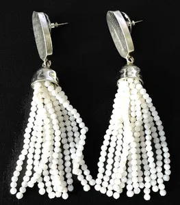 Authentic Kendra Scott Signed, Gold-Plated, Hammered, White Seed Beads, Tassel Earrings Se