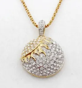 Authentic Swan Signed Gold Plated Swarovski Crystal Large Round 1.25" Pendant Necklace 24"