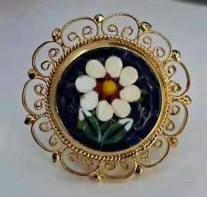 Authentic Adjustable Vintage Italy Signed Gold Plated Filigree Floral Mosaic Ring