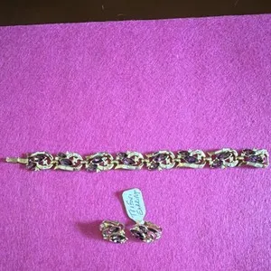 Authentic Trifari Signed Gold Plated Purple Marquise Rhinestone Bracelet & Earrings Set