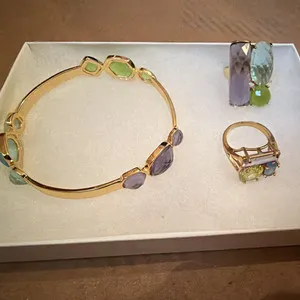 Authentic Anne Klein Signed Gold Plated Multicolor Glass Bracelet Ring Earrings Set