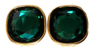 Authentic Signed Green Faceted Swarovski Crystal Gold Plated Clip Earrings 3/4" Swan Logo