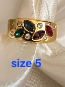 Authentic Vintage Signed 18K GE Gold Plated Multi Color Rhinestone Elegant Ring 5
