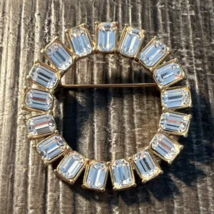 Authentic Vintage Monet Signed Gold Plated Round Baguette Rhinestone Circle Brooch Pin