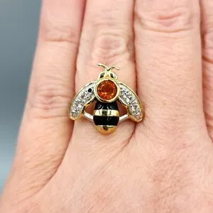 Authentic Signed Gold Plated Sterling Silver Citrine Enamel Bee Ring Sz 5.25 4g