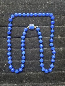Authentic Vintage Marvella Signed Blue Round Ball Glass Bead Necklace W/ Gold Plated Clasp