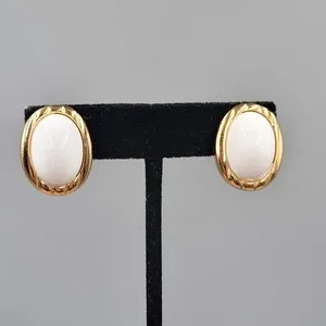 Authentic Vintage Napier White Cabochon Clip on Earrings Signed Gold Plated Drop 1"